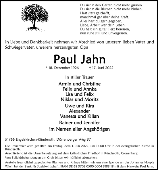 Anzeige von Paul Jahn von  Anzeigen Echo 