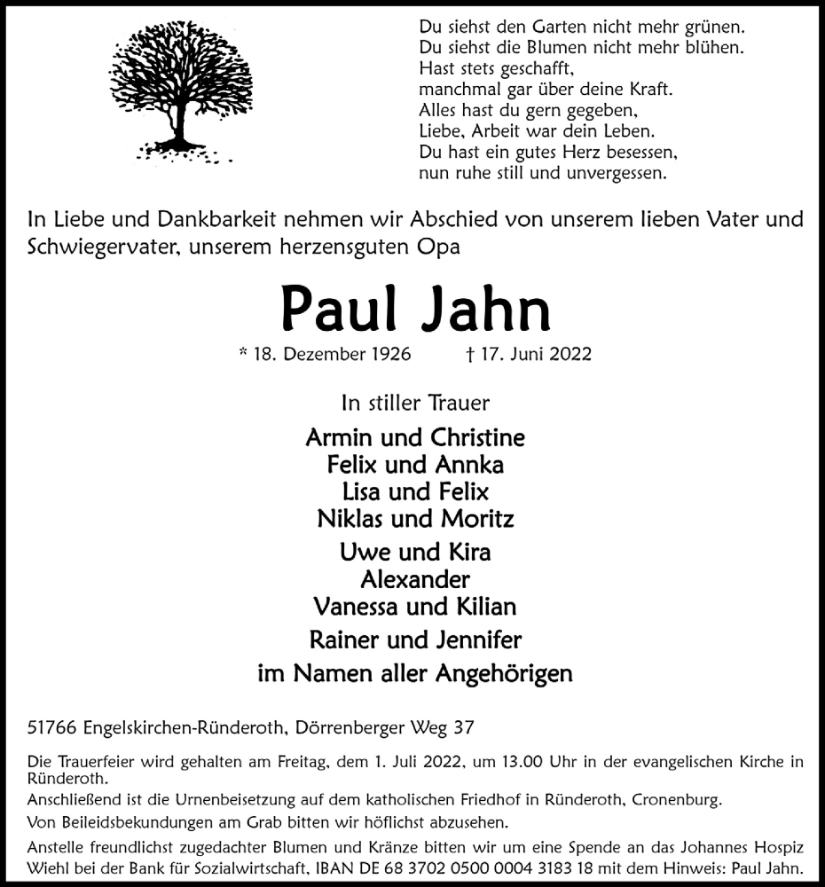  Traueranzeige für Paul Jahn vom 24.06.2022 aus  Anzeigen Echo 