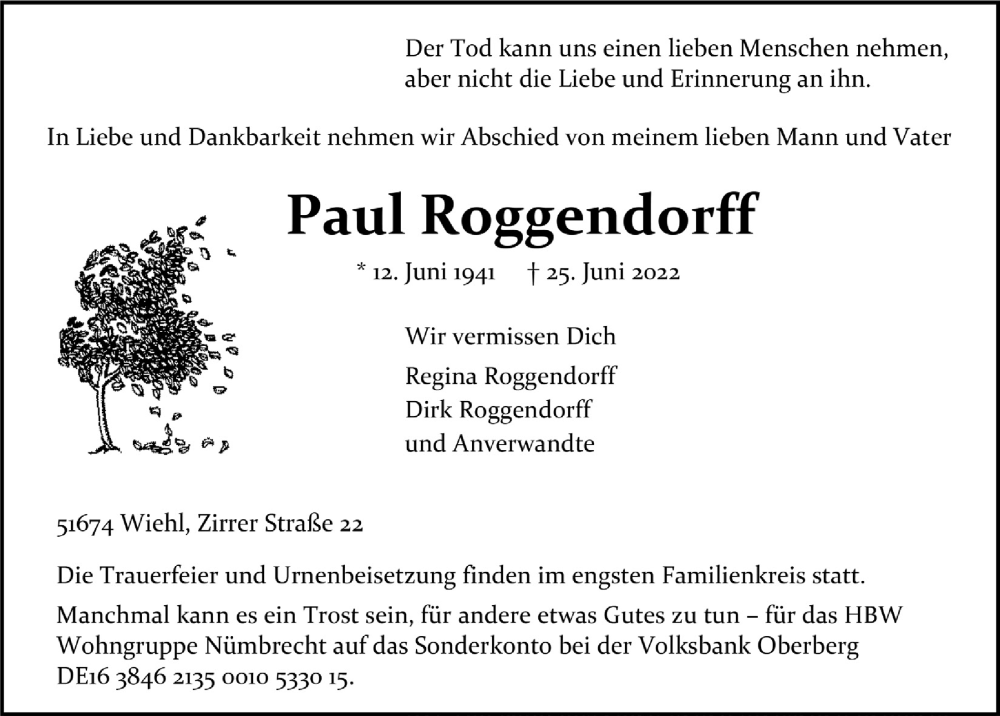  Traueranzeige für Paul Roggendorff vom 01.07.2022 aus  Anzeigen Echo 