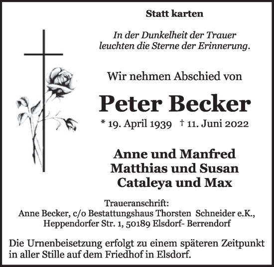 Anzeige von Peter Becker von  Werbepost 