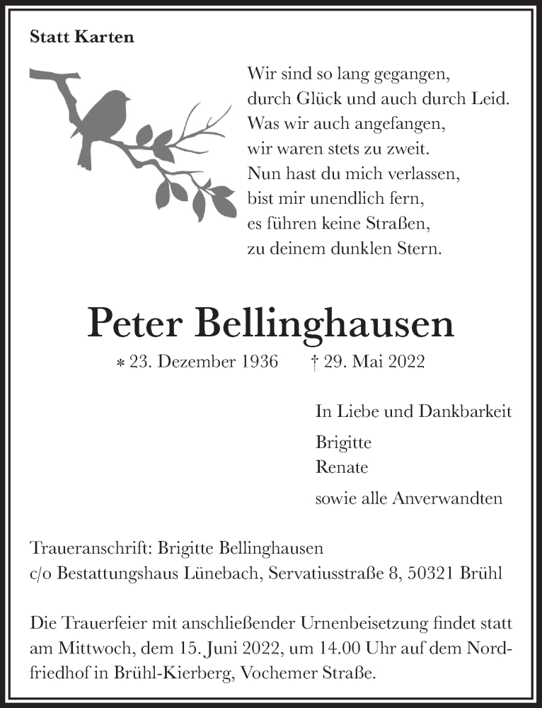  Traueranzeige für Peter Bellinghausen vom 03.06.2022 aus  Schlossbote/Werbekurier 
