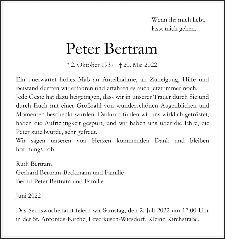  Traueranzeige für Peter Bertram vom 25.06.2022 aus Kölner Stadt-Anzeiger / Kölnische Rundschau / Express