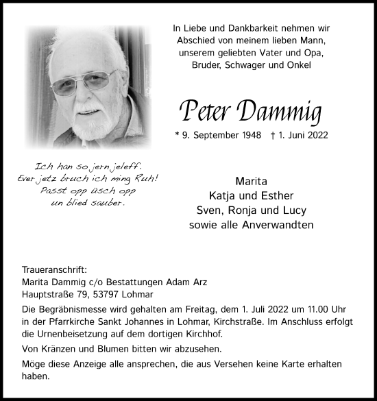 Anzeige von Peter Dammig von Kölner Stadt-Anzeiger / Kölnische Rundschau / Express