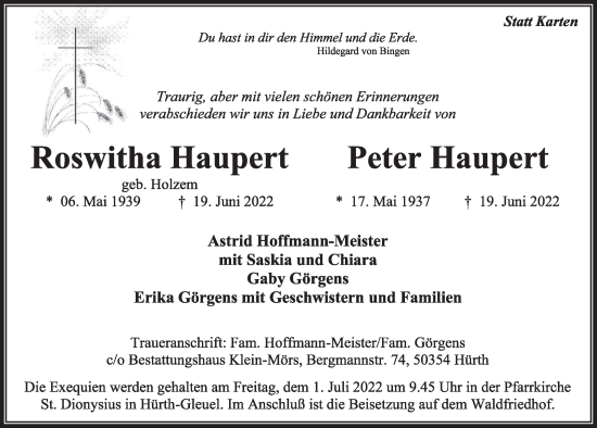 Anzeige von Peter Haupert von  Wochenende 