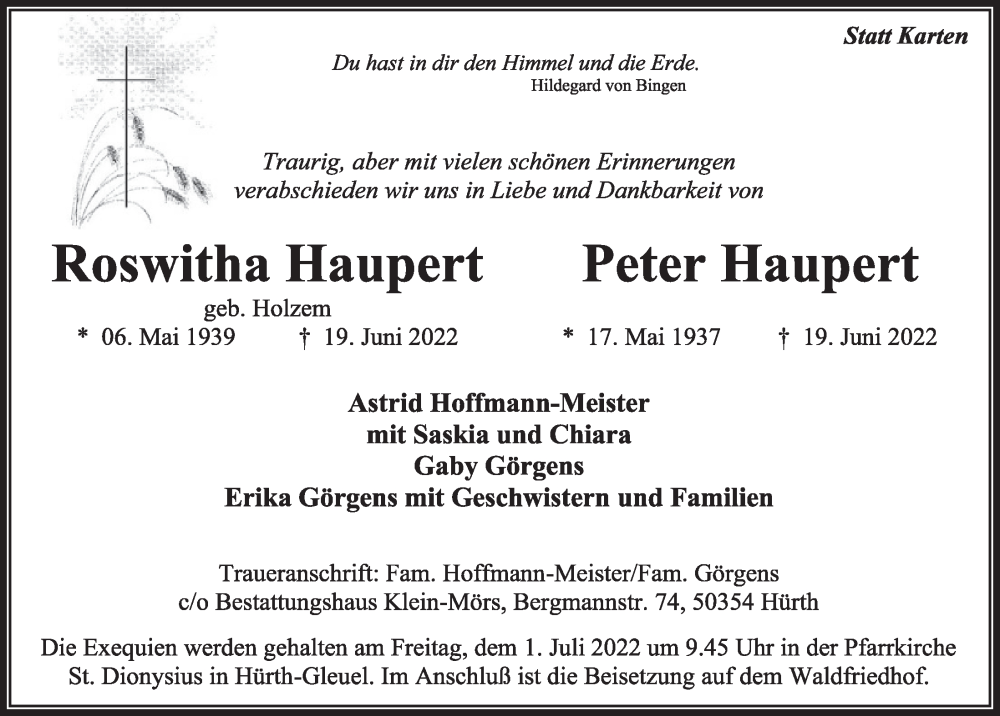  Traueranzeige für Peter Haupert vom 24.06.2022 aus  Wochenende 