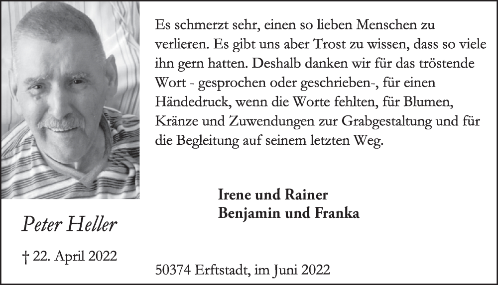  Traueranzeige für Peter Heller vom 17.06.2022 aus  Werbepost 