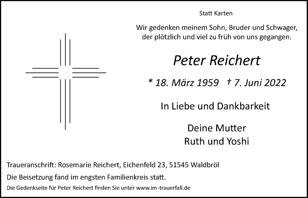  Traueranzeige für Peter Reichert vom 17.06.2022 aus  Lokalanzeiger 