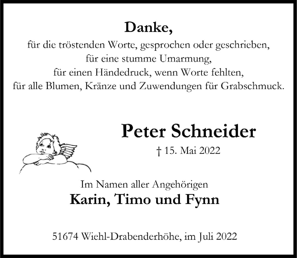  Traueranzeige für Peter Schneider vom 01.07.2022 aus  Anzeigen Echo 