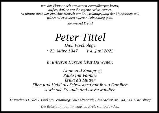 Anzeige von Peter Tittel von Kölner Stadt-Anzeiger / Kölnische Rundschau / Express