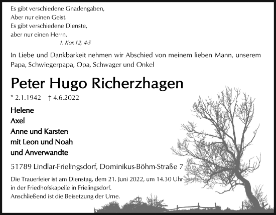 Anzeige von Peter Hugo Richerzhagen von Kölner Stadt-Anzeiger / Kölnische Rundschau / Express
