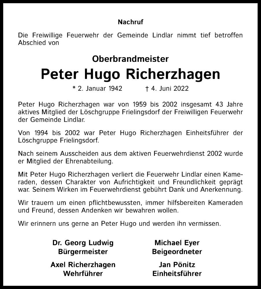  Traueranzeige für Peter Hugo Richerzhagen vom 25.06.2022 aus Kölner Stadt-Anzeiger / Kölnische Rundschau / Express