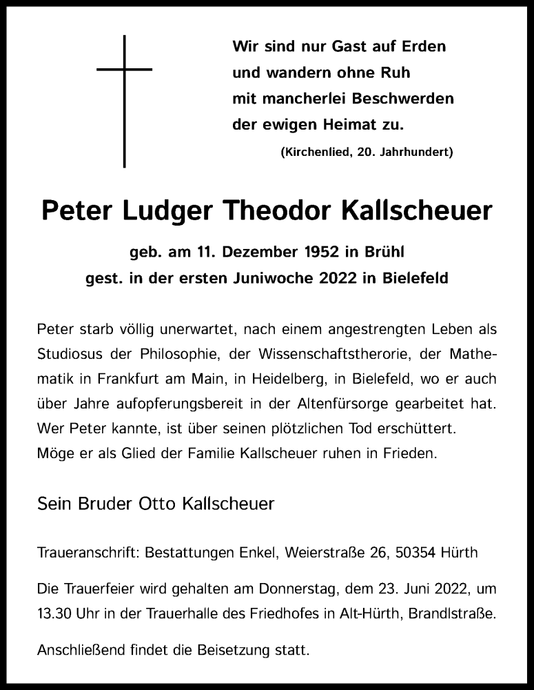  Traueranzeige für Peter Ludger Theodor Kallscheuer vom 21.06.2022 aus Kölner Stadt-Anzeiger / Kölnische Rundschau / Express