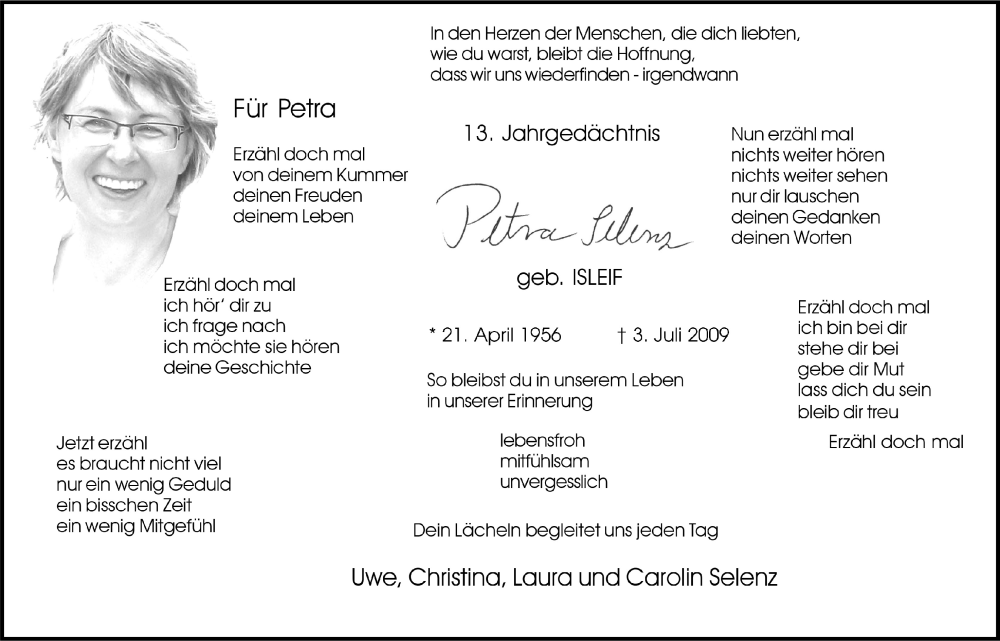  Traueranzeige für Petra Selenz vom 01.07.2022 aus  Schlossbote/Werbekurier 