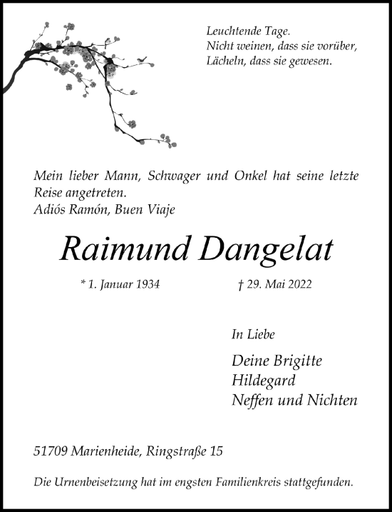 Anzeige von Raimund Dangelat von  Anzeigen Echo 