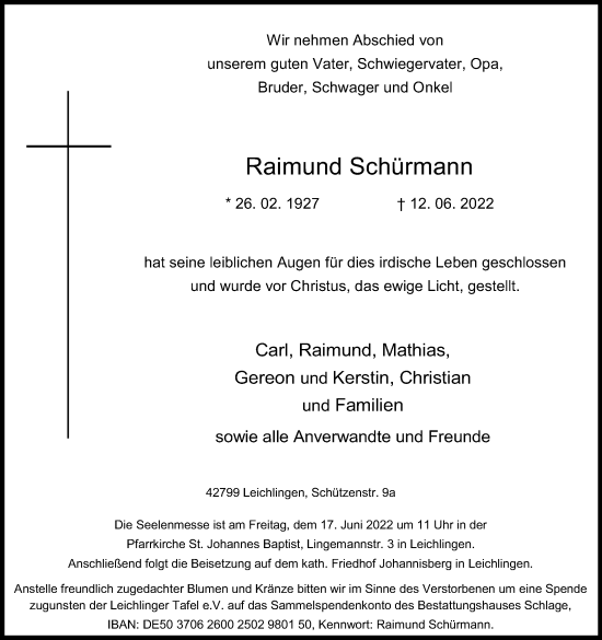 Anzeige von Raimund Schürmann von Kölner Stadt-Anzeiger / Kölnische Rundschau / Express