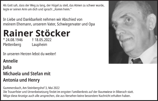 Anzeige von Rainer Stöcker von  Anzeigen Echo 