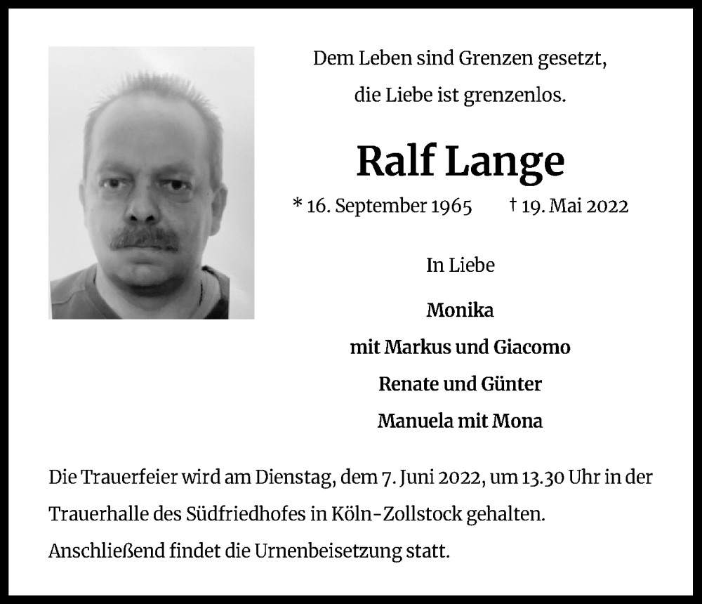  Traueranzeige für Ralf Lange vom 04.06.2022 aus Kölner Stadt-Anzeiger / Kölnische Rundschau / Express