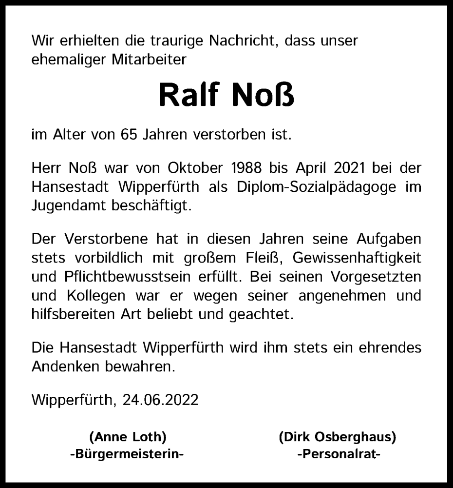  Traueranzeige für Ralf Noß vom 29.06.2022 aus Kölner Stadt-Anzeiger / Kölnische Rundschau / Express