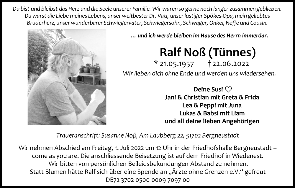  Traueranzeige für Ralf Noß Noß vom 25.06.2022 aus Kölner Stadt-Anzeiger / Kölnische Rundschau / Express