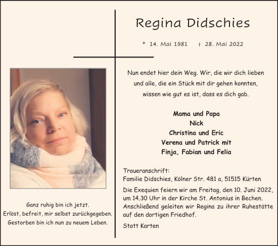 Anzeige von Regina Didschies von Kölner Stadt-Anzeiger / Kölnische Rundschau / Express