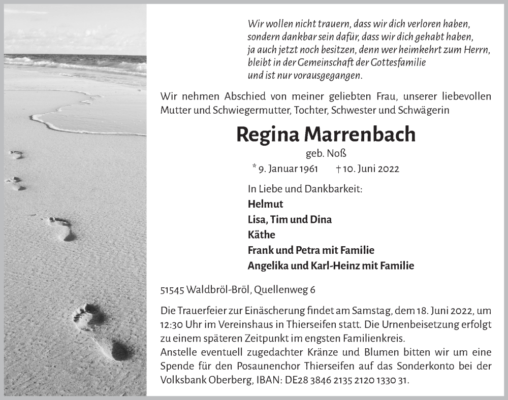  Traueranzeige für Regina Marrenbach vom 17.06.2022 aus  Lokalanzeiger 