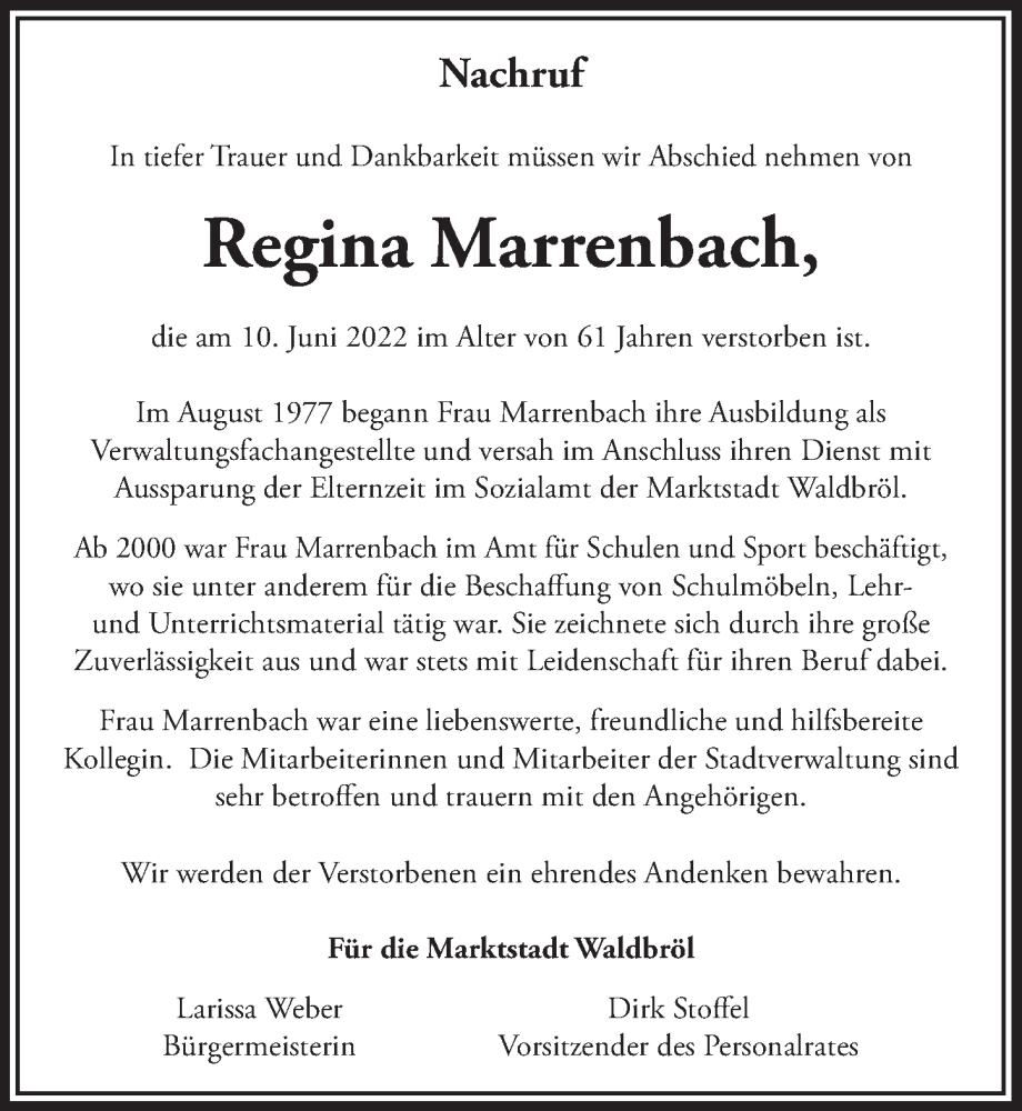  Traueranzeige für Regina Marrenbach vom 17.06.2022 aus  Lokalanzeiger 