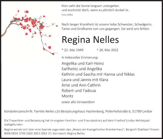 Anzeige von Regina Nelles von Kölner Stadt-Anzeiger / Kölnische Rundschau / Express