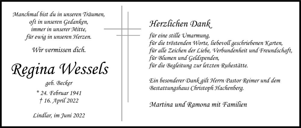  Traueranzeige für Regina Wessels vom 10.06.2022 aus  Anzeigen Echo 