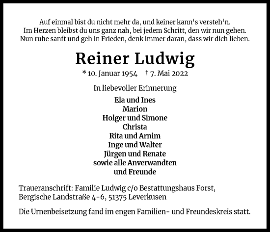 Anzeige von Reiner Ludwig von Kölner Stadt-Anzeiger / Kölnische Rundschau / Express