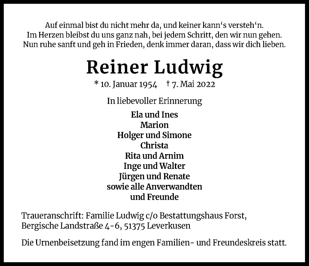  Traueranzeige für Reiner Ludwig vom 11.06.2022 aus Kölner Stadt-Anzeiger / Kölnische Rundschau / Express