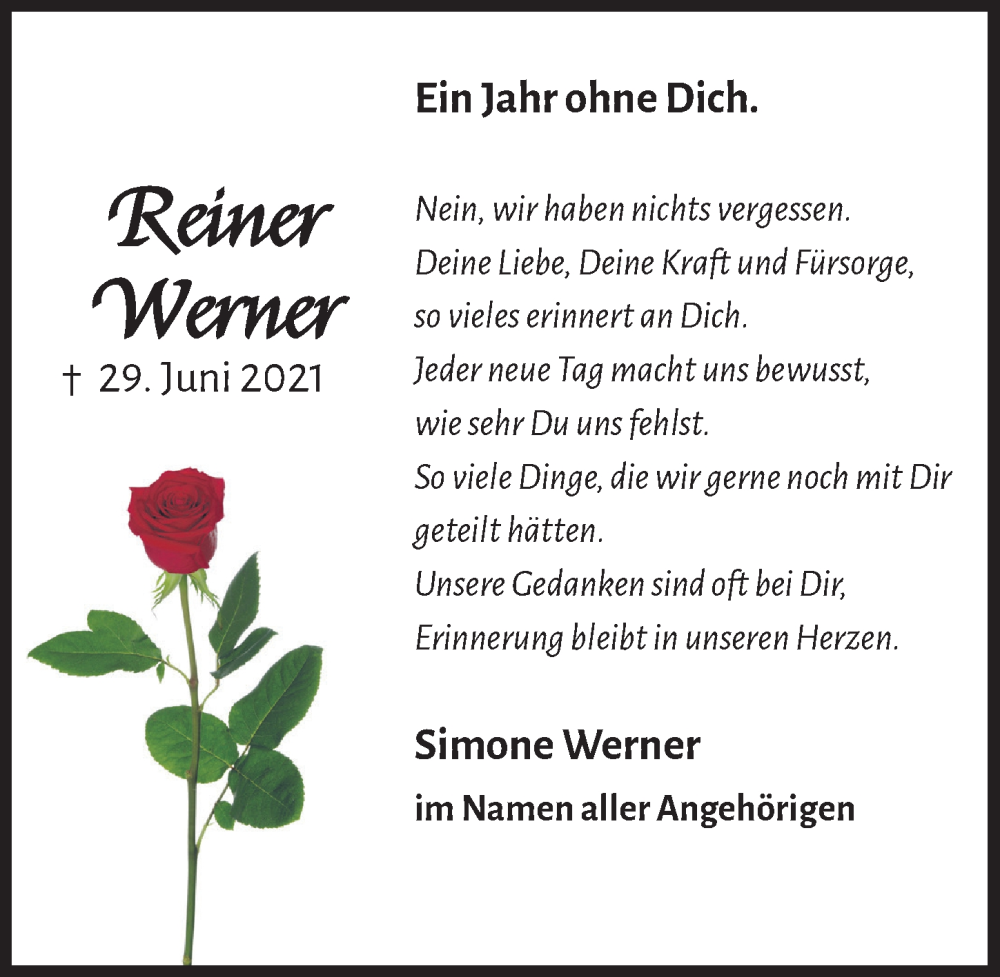  Traueranzeige für Reiner Werner vom 24.06.2022 aus  Anzeigen Echo 