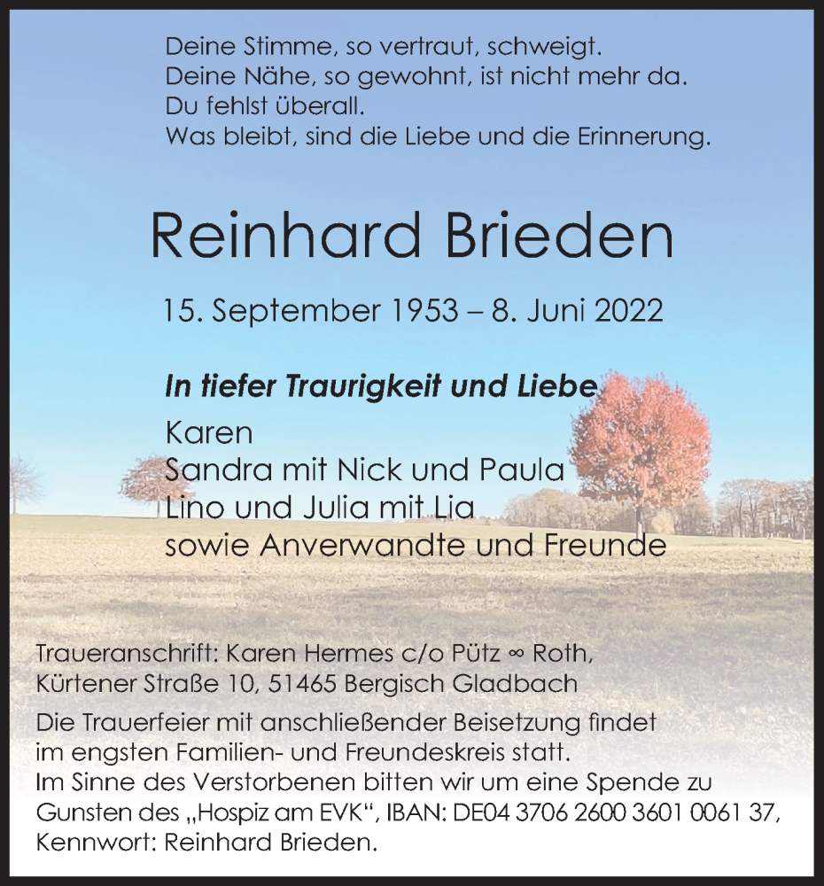  Traueranzeige für Reinhard Brieden vom 25.06.2022 aus Kölner Stadt-Anzeiger / Kölnische Rundschau / Express