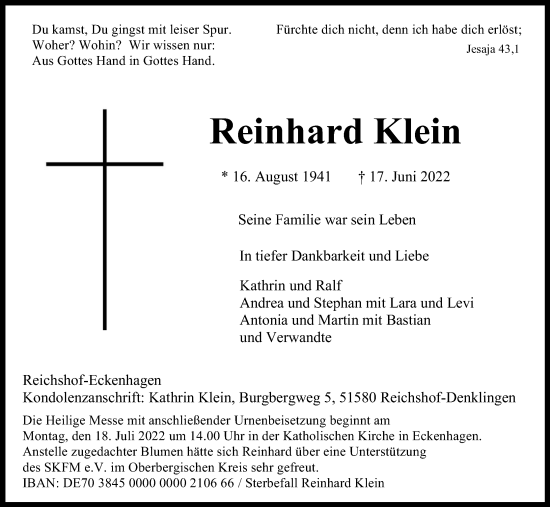 Anzeige von Reinhard Klein von Kölner Stadt-Anzeiger / Kölnische Rundschau / Express
