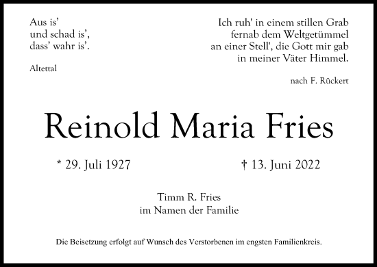 Anzeige von Reinold Maria Fries von Kölner Stadt-Anzeiger / Kölnische Rundschau / Express