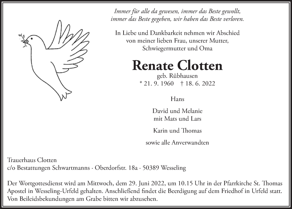  Traueranzeige für Renate Clotten vom 24.06.2022 aus  Schlossbote/Werbekurier 