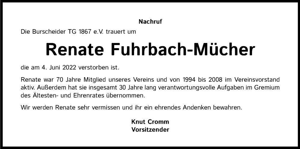  Traueranzeige für Renate Fuhrbach-Mücher vom 25.06.2022 aus Kölner Stadt-Anzeiger / Kölnische Rundschau / Express