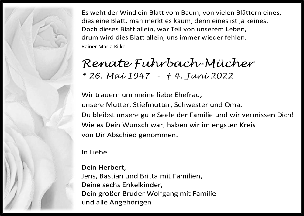  Traueranzeige für Renate Fuhrbach-Mücher vom 25.06.2022 aus Kölner Stadt-Anzeiger / Kölnische Rundschau / Express