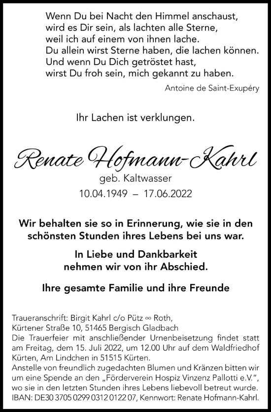 Anzeige von Renate Hofmann-Kahrl von  Bergisches Handelsblatt 