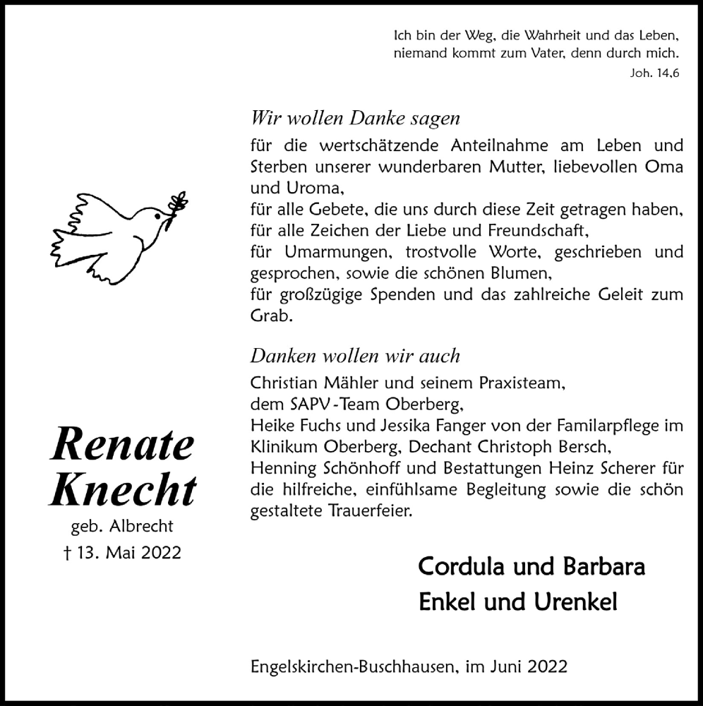  Traueranzeige für Renate Knecht vom 10.06.2022 aus  Anzeigen Echo 