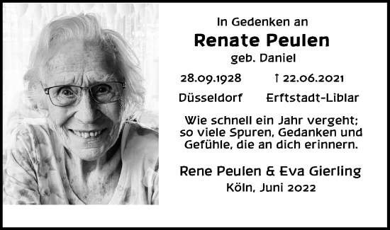 Anzeige von Renate Peulen von Kölner Stadt-Anzeiger / Kölnische Rundschau / Express
