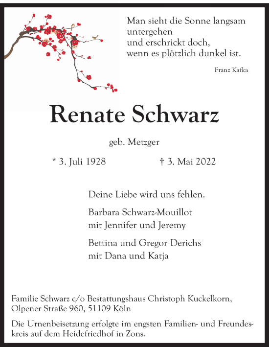 Anzeige von Renate Schwarz von Kölner Stadt-Anzeiger / Kölnische Rundschau / Express