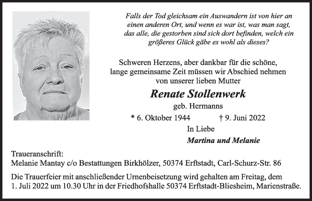  Traueranzeige für Renate Stollenwerk vom 24.06.2022 aus  Werbepost 