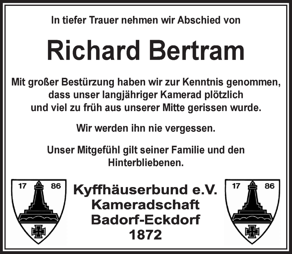  Traueranzeige für Richard Bertram vom 24.06.2022 aus  Schlossbote/Werbekurier 