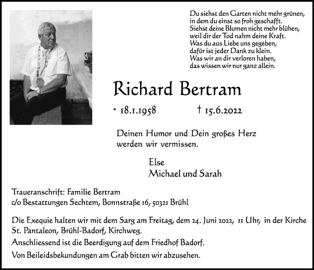  Traueranzeige für Richard Bertram vom 24.06.2022 aus  Schlossbote/Werbekurier 