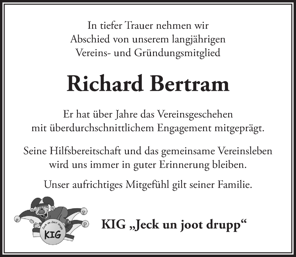  Traueranzeige für Richard Bertram vom 24.06.2022 aus  Schlossbote/Werbekurier 