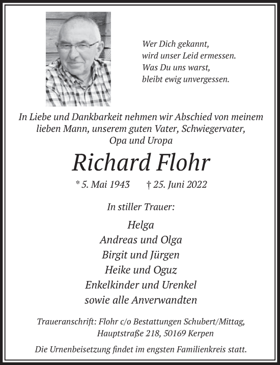 Anzeige von Richard Flohr von  Wochenende 