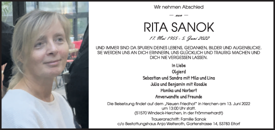 Anzeige von Rita Sanok von Kölner Stadt-Anzeiger / Kölnische Rundschau / Express