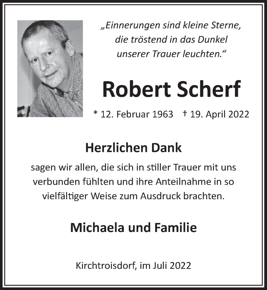  Traueranzeige für Robert Scherf vom 01.07.2022 aus  Werbepost 