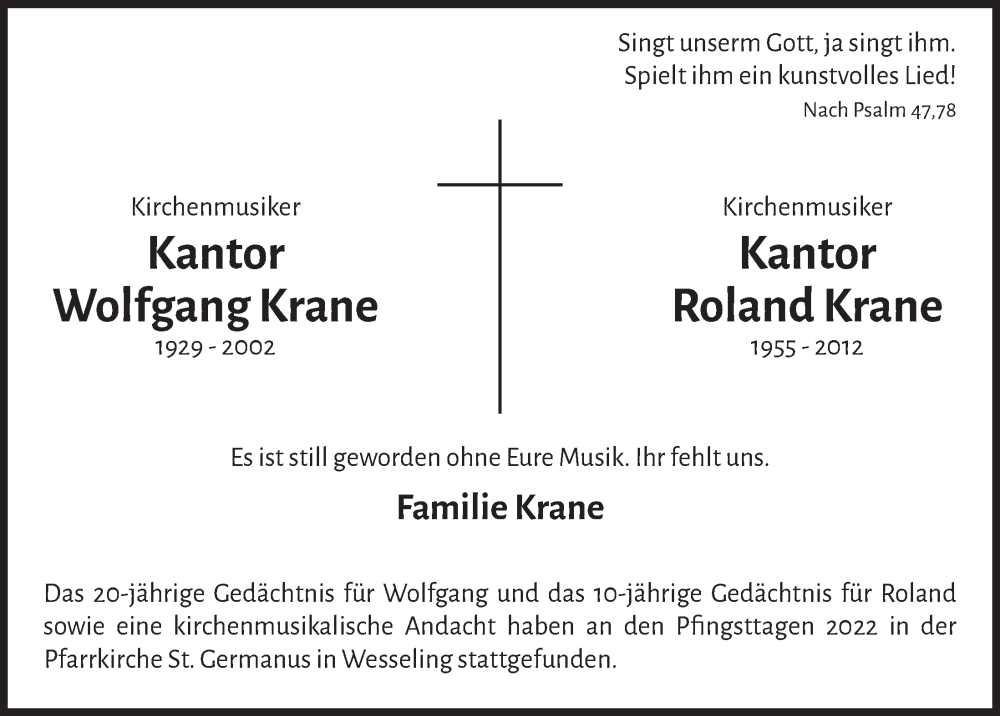  Traueranzeige für Roland Krane vom 24.06.2022 aus  Schlossbote/Werbekurier 