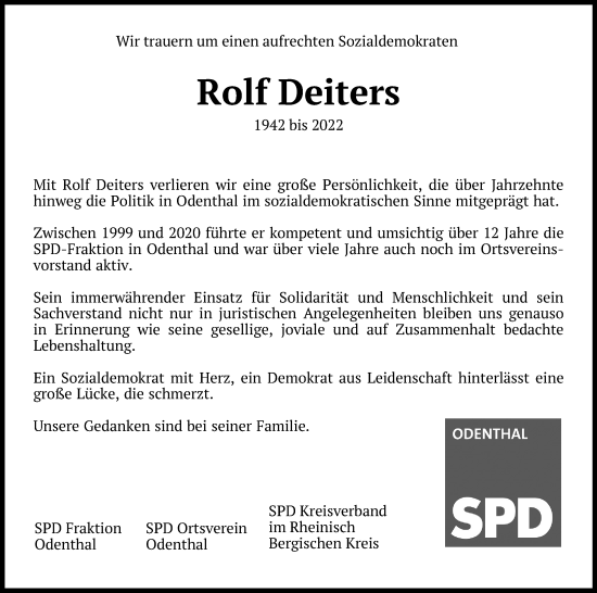 Anzeige von Rolf Deiters von Kölner Stadt-Anzeiger / Kölnische Rundschau / Express